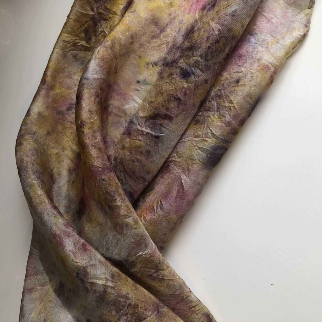 Botanically Dyed Silk Scarf with hibiscus, rose, and yellow onion